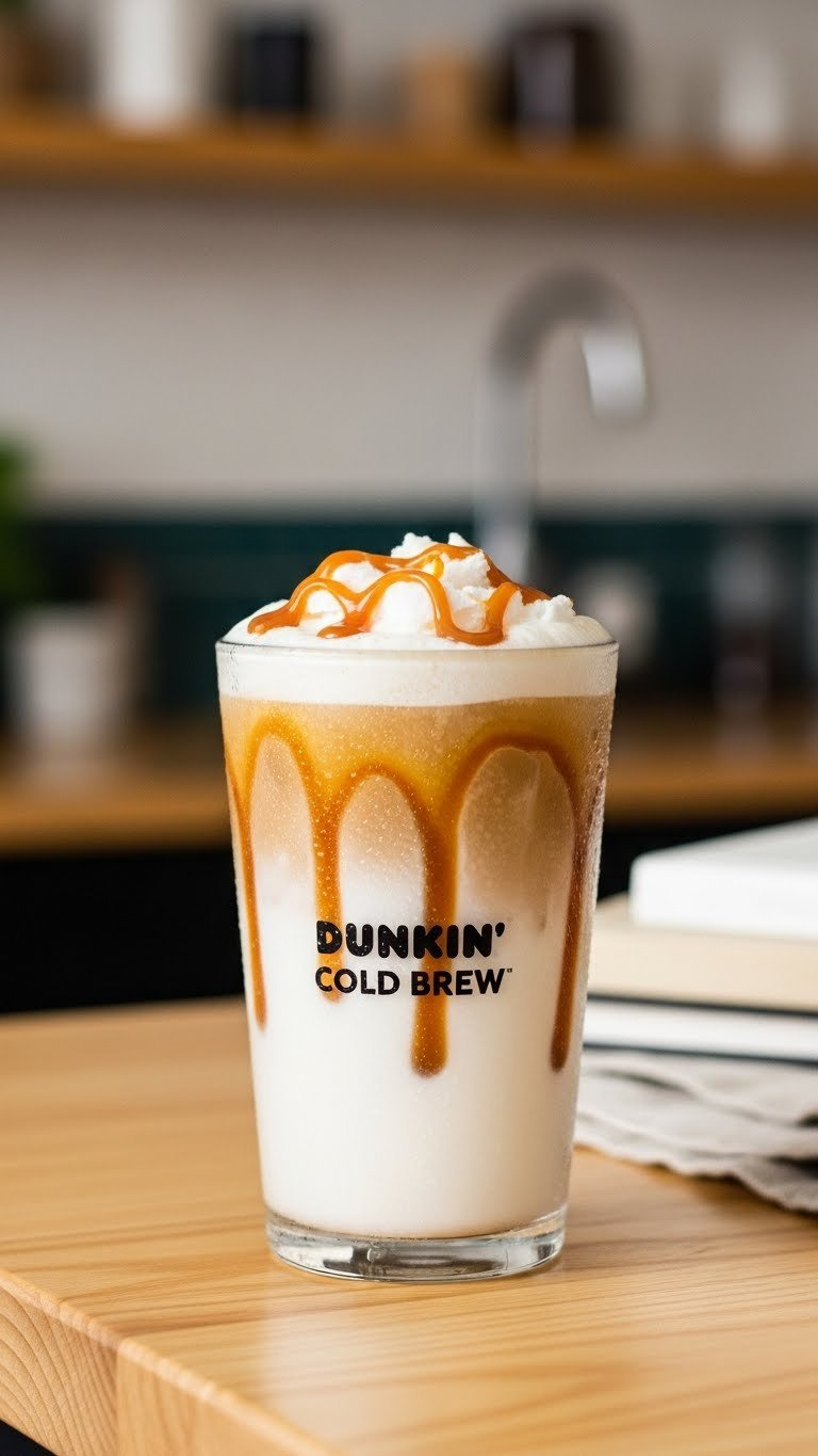 Caramel Coconut Cold Brew Coffee In Tall Glass With Creamy Coconut Milk And Caramel Drizzle On Light Wooden Countertop