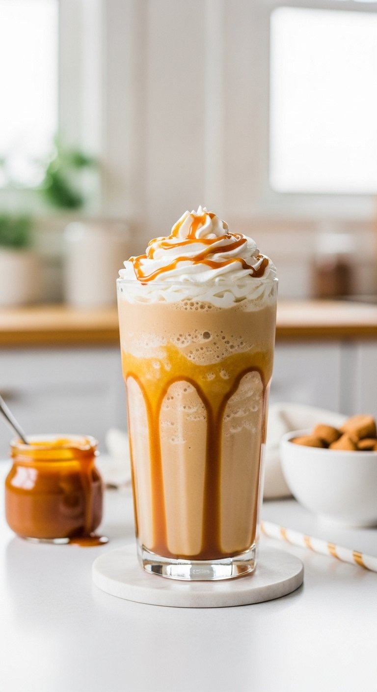 Caramel Drizzle Frozen Coffee In A Clear Glass With Whipped Cream Topping On A White Table.