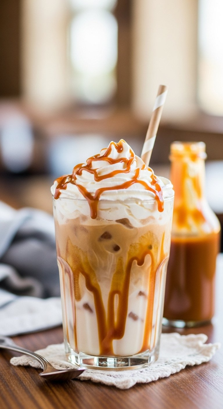 Caramel Drizzle Iced Latte With Whipped Cream Topping On A Polished Wooden Surface.