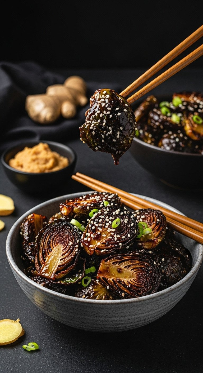 Caramelized Brussels Sprouts In A Savory Miso-Ginger Glaze, Served In A Japanese Bowl With Sesame Seeds.