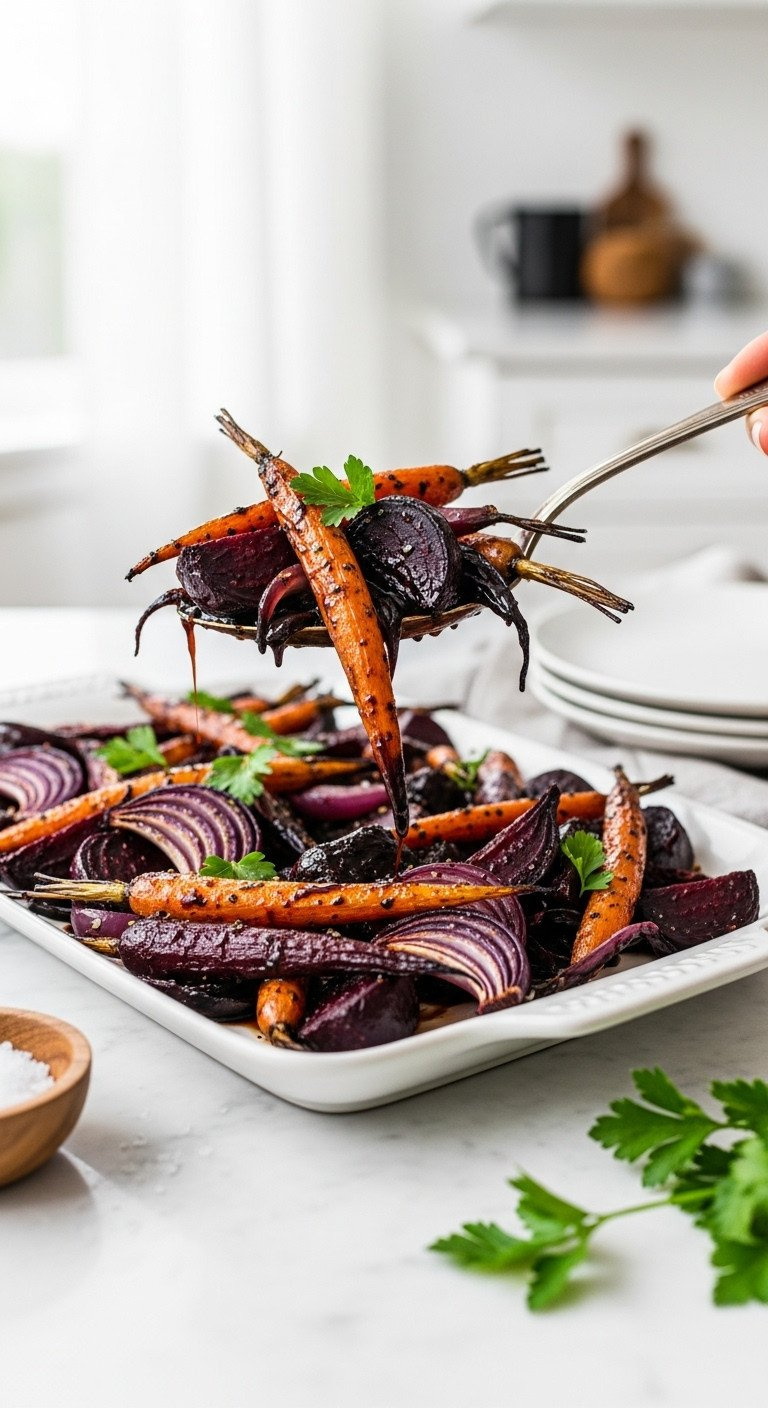 Caramelized Balsamic-Glazed Roasted Carrots, Beets, Red Onions On A White Platter, Serving Spoon Lifting. Elegant, Glossy Side Dish.