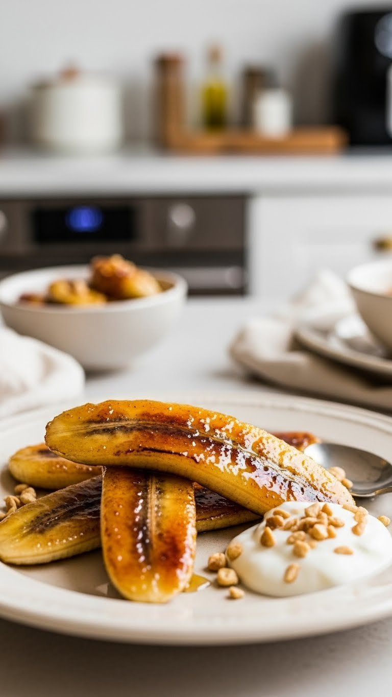 Caramelized Banana Slices With Golden-Brown Glaze On Vintage Ceramic Plate With Warm Lighting