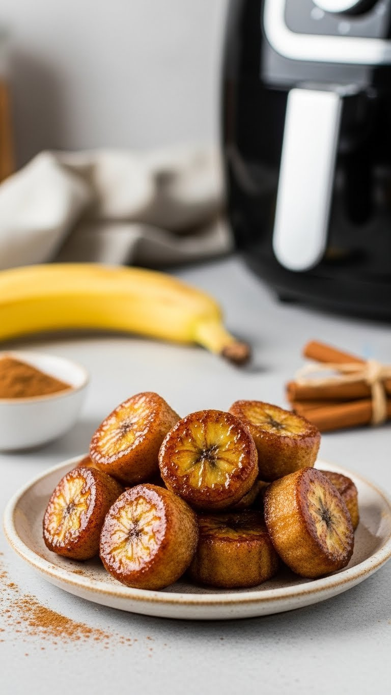 Caramelized Cinnamon Banana Bites In Rustic Ceramic Bowl With Cinnamon Sticks Background