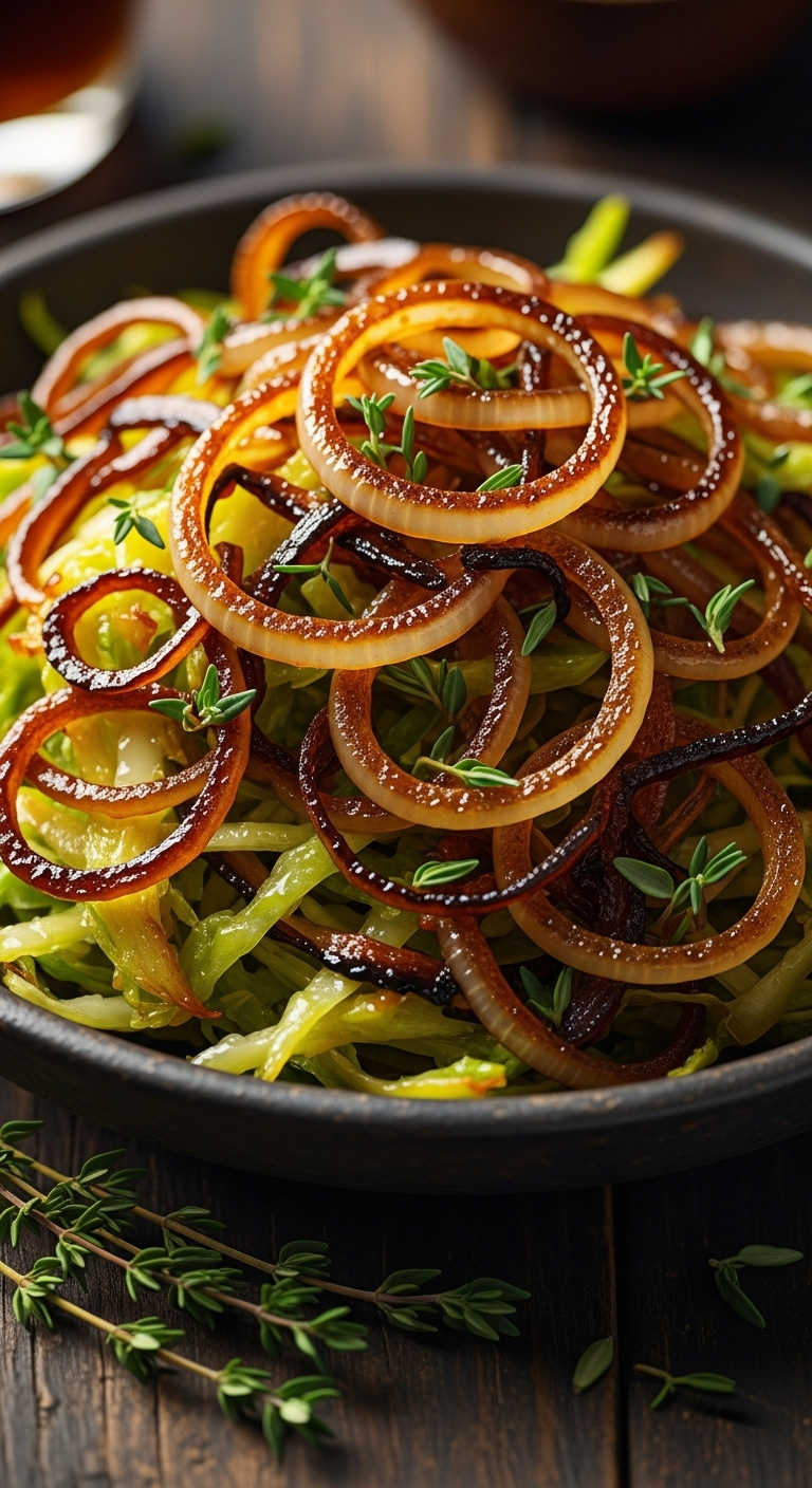 Caramelized Onion And Thyme Shredded Brussels Sprouts In A Dark Rustic Bowl With A Sprig Of Fresh Thyme