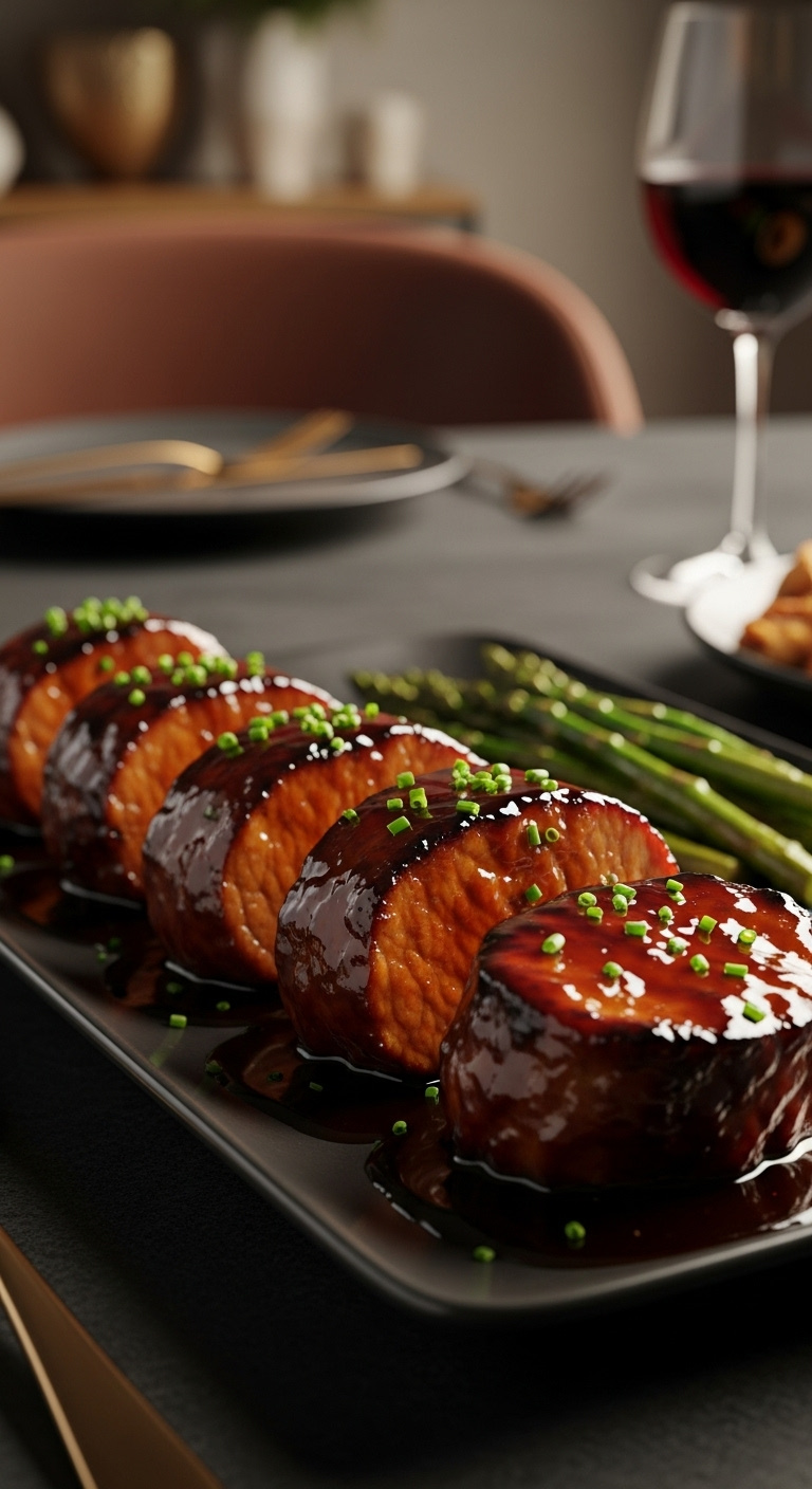 Caramelized Pork Tenderloin Medallions With Glossy Sauce And Chives On A Dark Platter With Asparagus And Red Wine