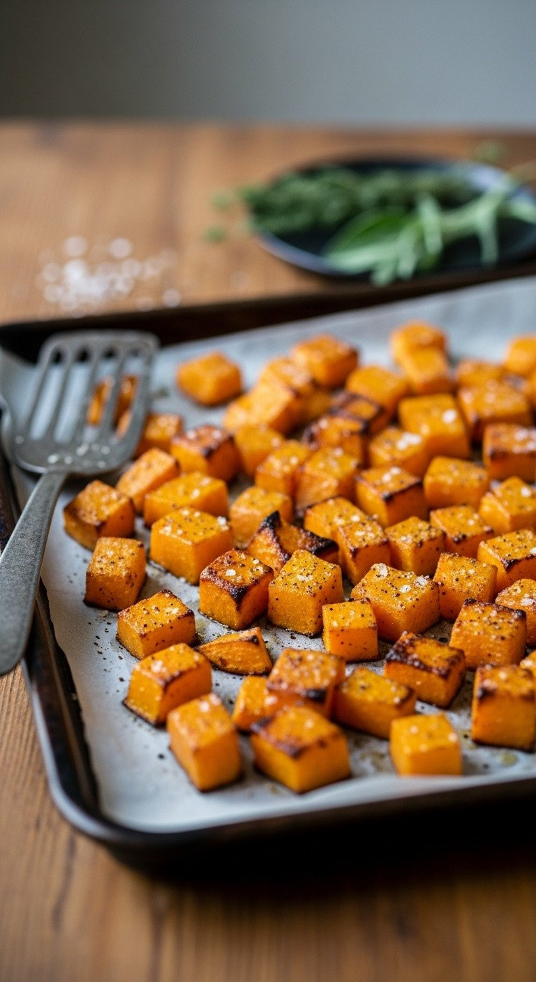 Caramelized Roasted Butternut Squash Cubes On A Parchment-Lined Baking Sheet With Fresh Sage And A Rustic Spatula.