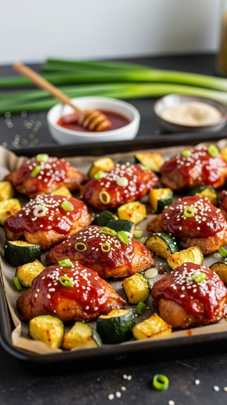 Caramelized Spicy Honey Sriracha Chicken Zucchini Tray Bake With Sticky Red-Orange Glaze And Sesame Seed Garnish