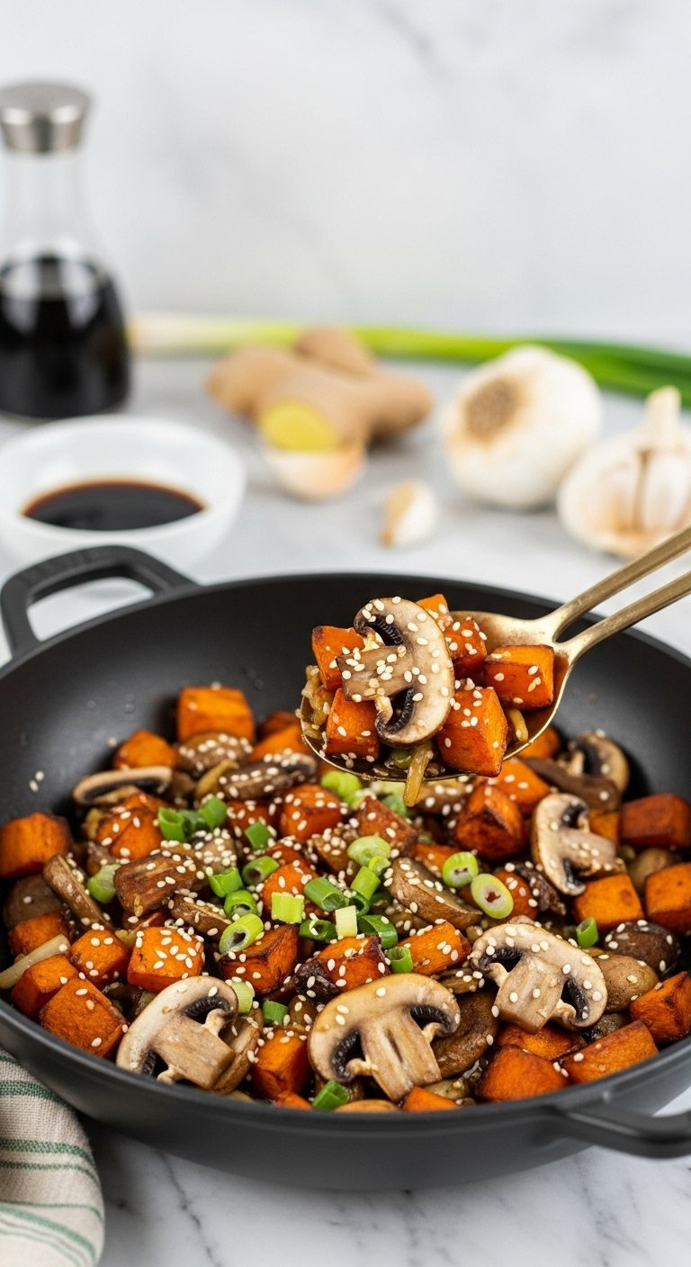 Caramelized Sweet Potato Cubes And Sliced Cremini Mushrooms Glistening In A Light Ginger-Garlic Sauce Inside A Dark Wok.
