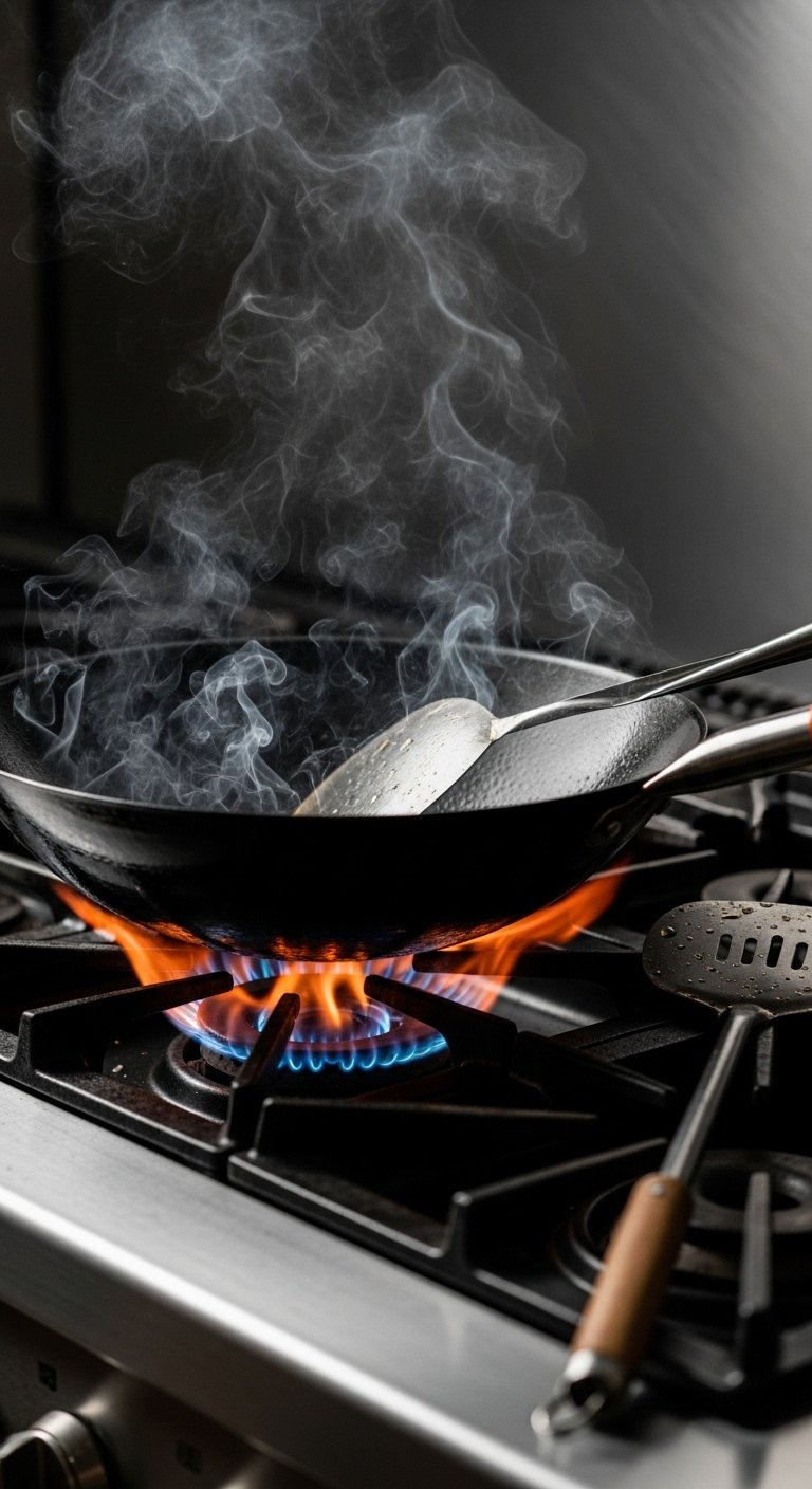 Carbon Steel Wok Shimmering With Hot Oil Over A High Blue Flame On A Gas Stove, Evoking Intense &Quot;Wok Hei&Quot; In A Professional Kitchen.