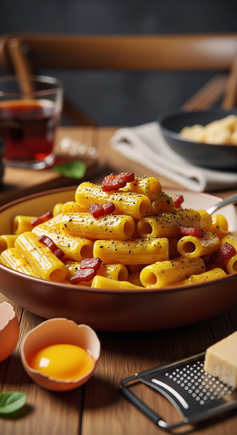 Carbonara Rigatoni Pasta With Glossy Sauce Crispy Pancetta And Black Pepper In A Ceramic Bowl On A Wooden Table With Egg And Grater