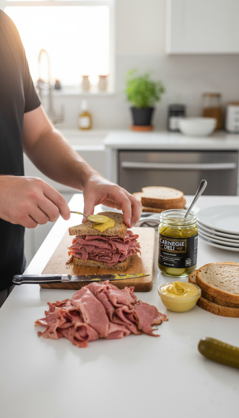 A Photo Showing The Carnegie Deli Sandwich Kit Contents Laid Out On A Kitchen Counter, With A Thermometer In A Pot Of Water In The Background.