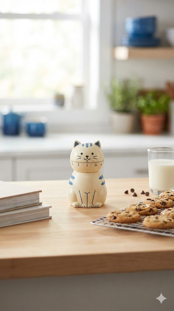 Cartoon Cat-Shaped Kitchen Timer Placed Next To Freshly Baked Cookies On Light Wooden Countertop With Soft Lighting.