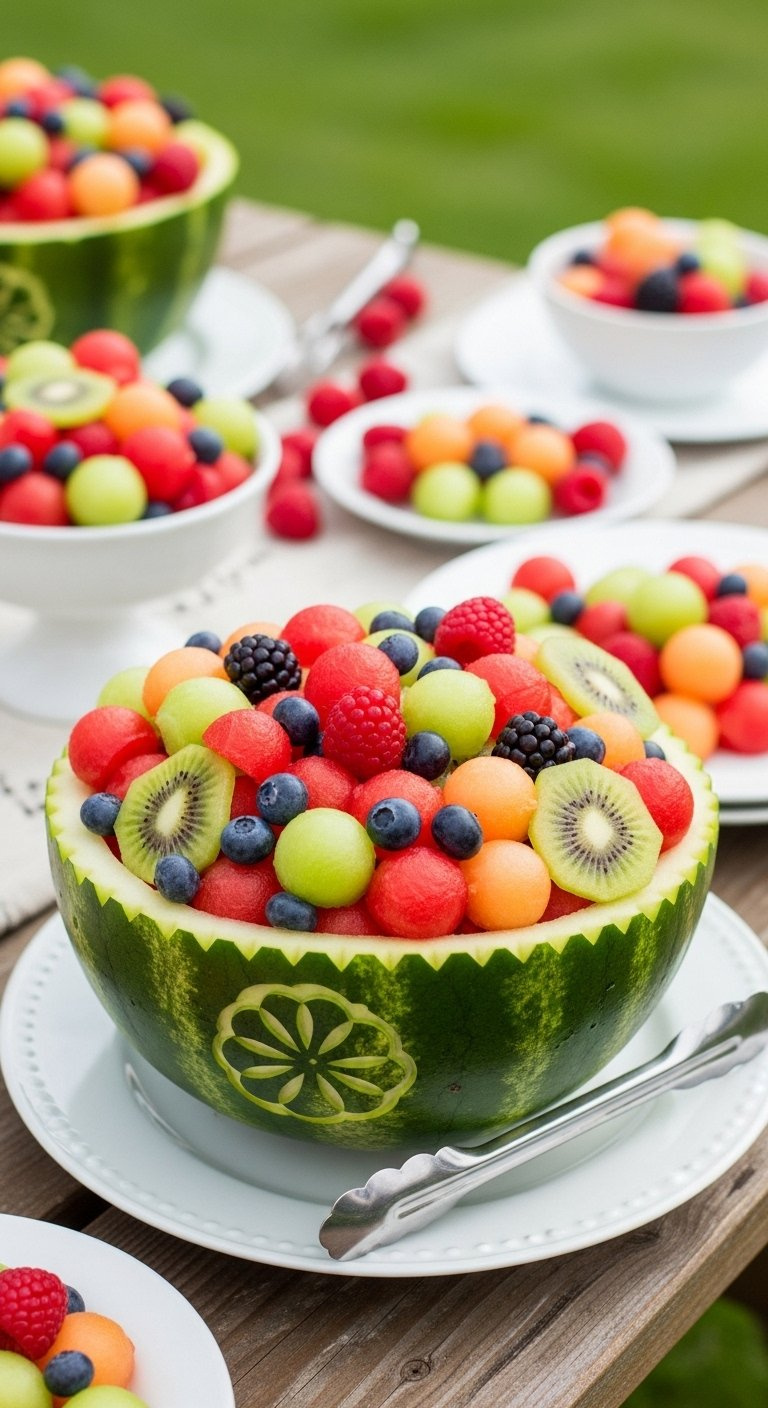 Carved Edible Watermelon Bowl Overflowing With Fresh Colorful Fruits On A Rustic Wooden Table.