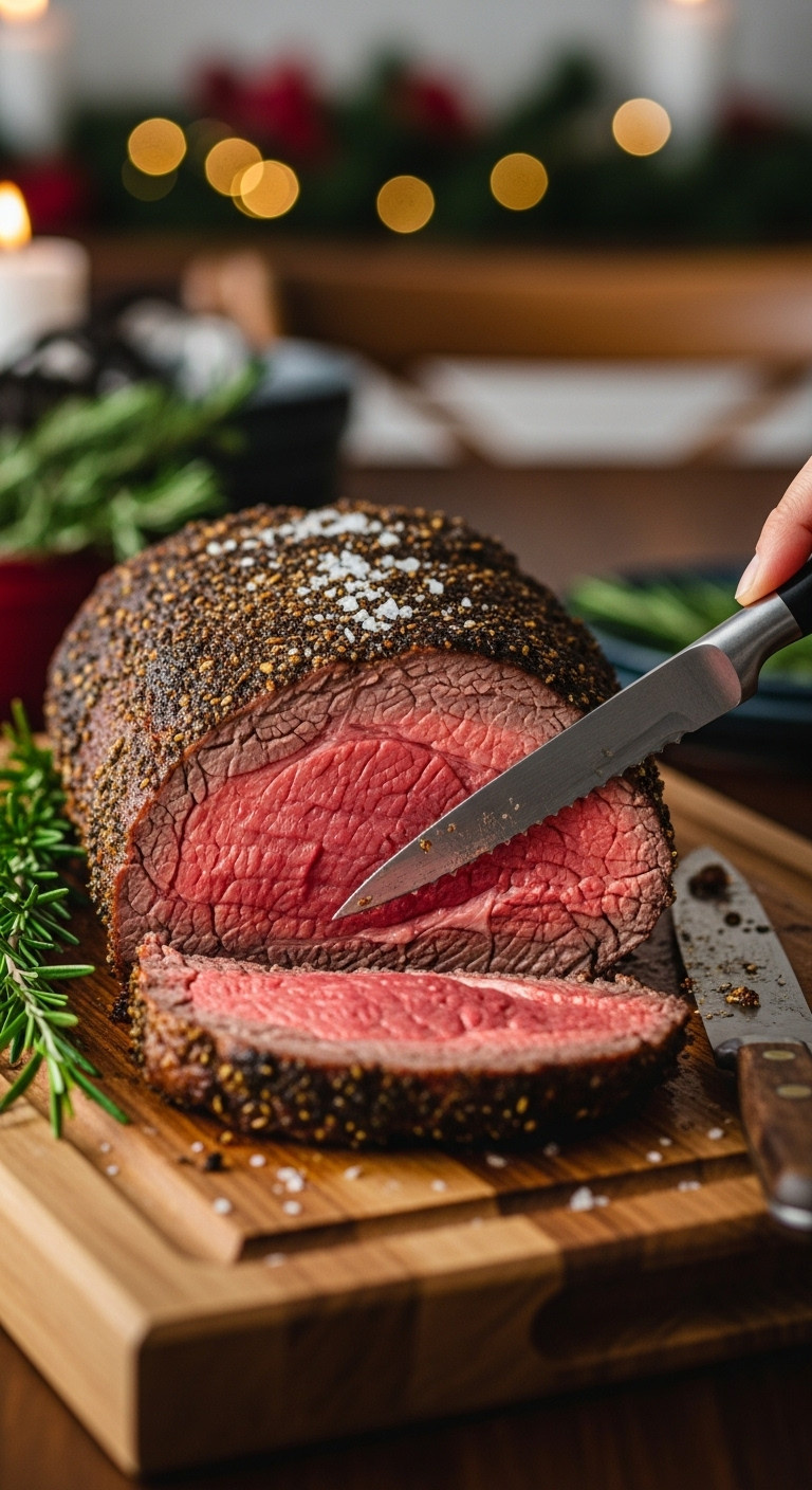 Carved Standing Rib Roast Slice, Medium-Rare Pink Interior, Herb-Crusted Exterior On Rustic Wooden Board With Rosemary, Sea Salt, And Carving Knife, Holiday Dinner.