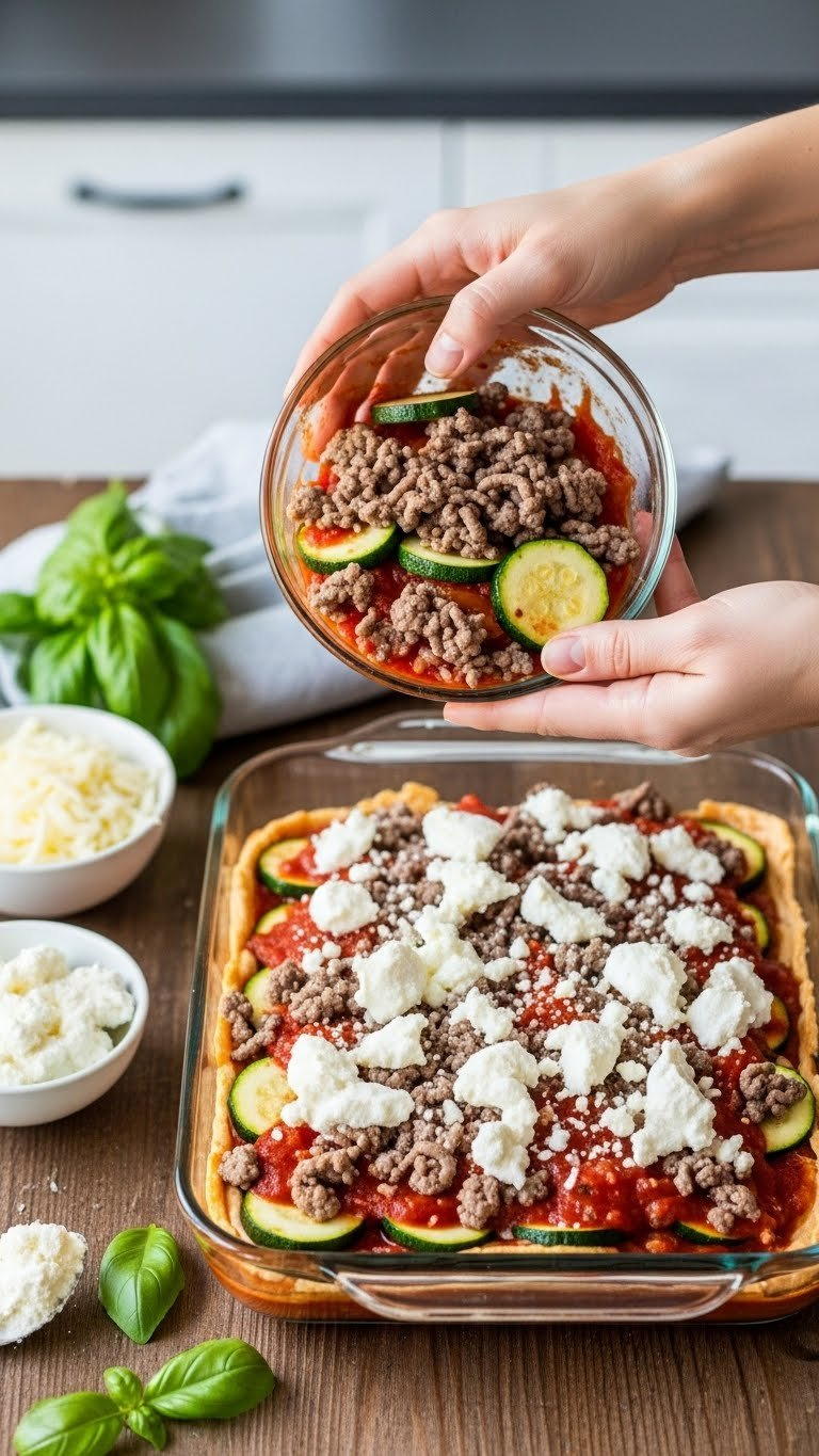 Casserole Dish Layered With Ground Beef, Zucchini Slices, Marinara Sauce, And Mozzarella Cheese