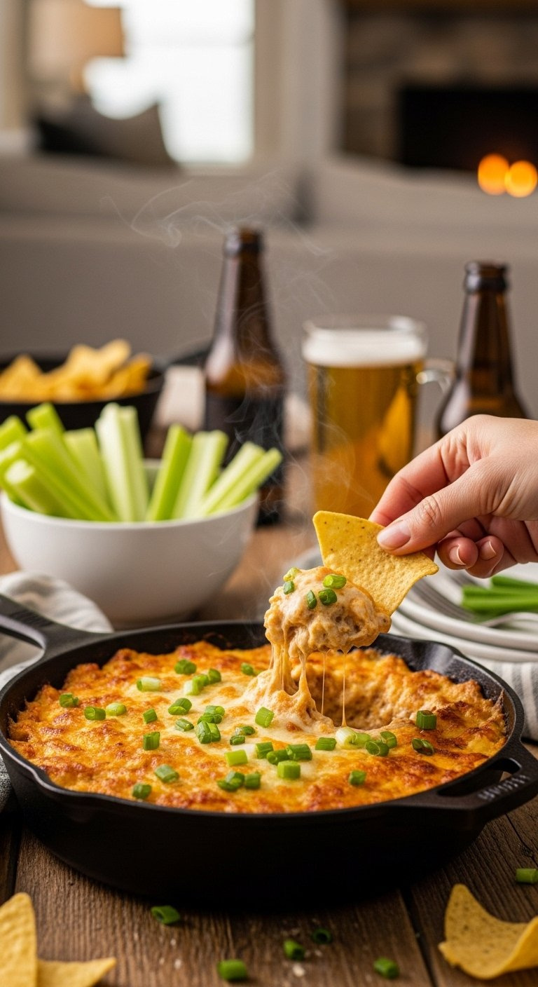Cast Iron Skillet Filled With Bubbly Golden Crack Chicken Dip Garnished With Green Onions And A Dipping Tortilla Chip.