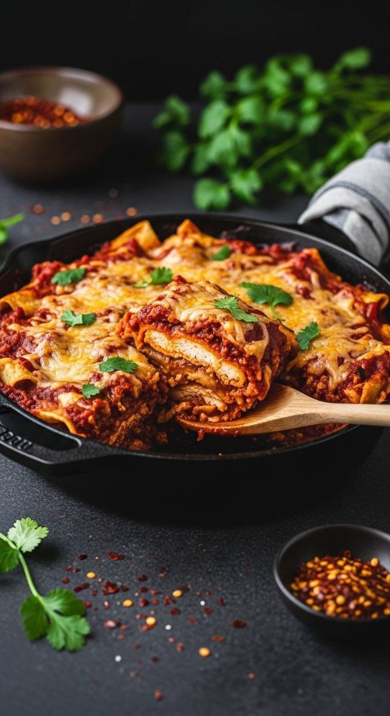 Cast-Iron Skillet Filled With Deconstructed Chicken Enchilada Bake Served With A Wooden Spoon.