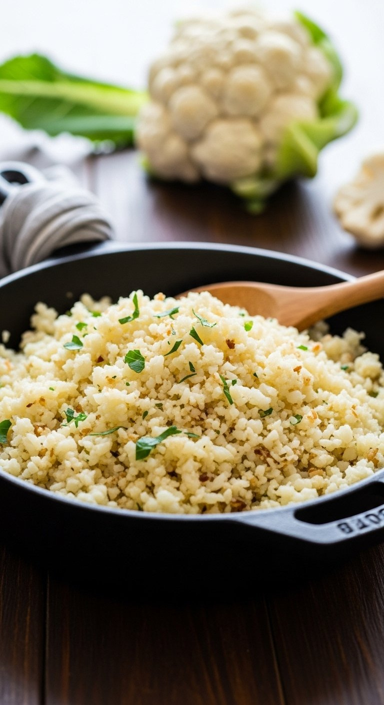 Cast Iron Skillet Filled With Fluffy White Cauliflower Rice Sautéed With Golden Brown Hints.