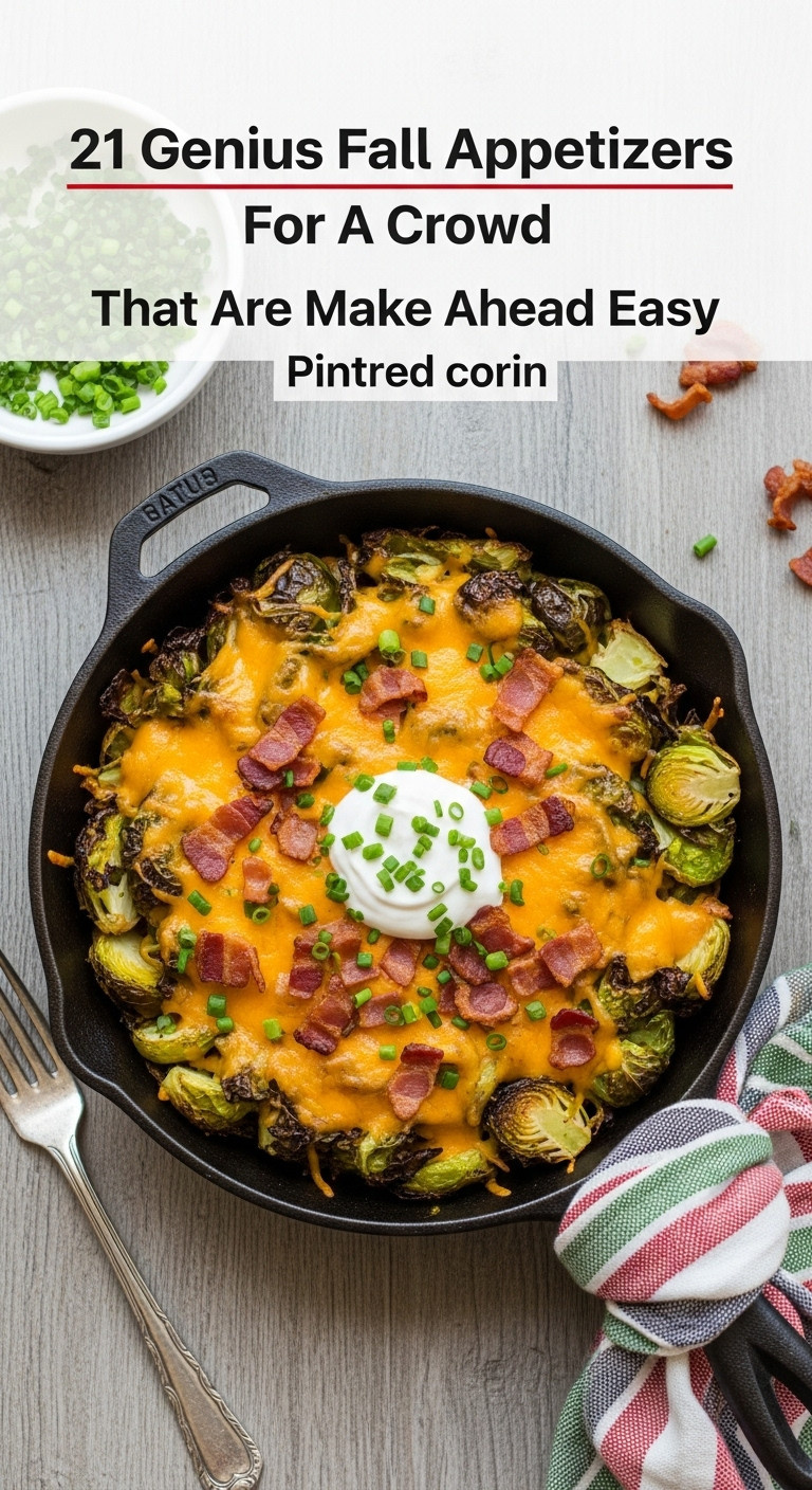 Cast Iron Skillet Filled With Loaded Smashed Brussels Sprouts Topped With Melted Cheddar Crispy Bacon And Sour Cream