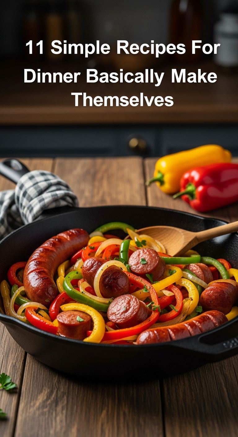 Cast Iron Skillet Filled With Vibrant Sautéed Bell Peppers Onions And Browned Kielbasa Sausage On A Rustic Wood Table