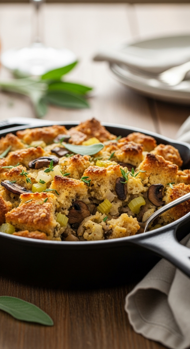 Cast Iron Skillet Of Rustic Chunky Vegan Herb And Mushroom Stuffing With Golden Brown Crispy Top And Visible Ingredients