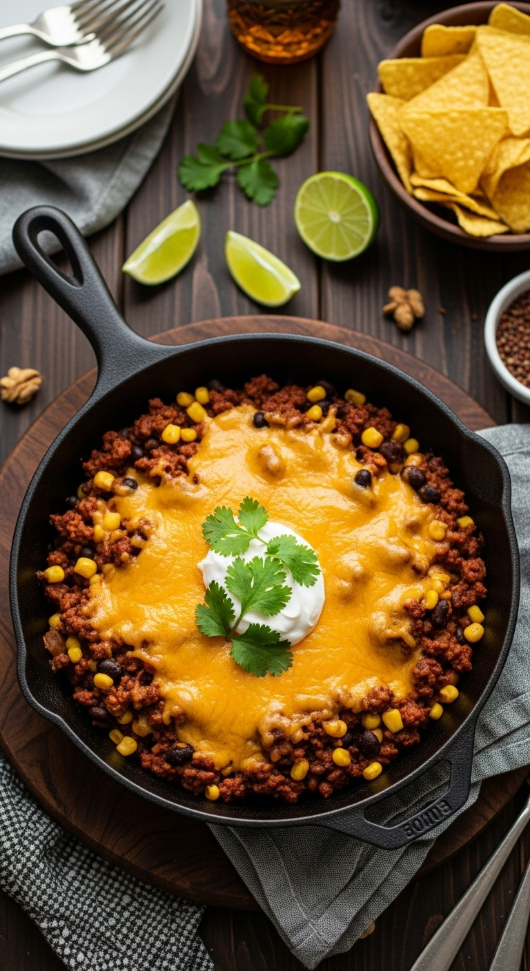Cast-Iron Skillet With Cheesy Ground Beef, Corn, Black Bean Taco Skillet Topped With Sour Cream And Cilantro
