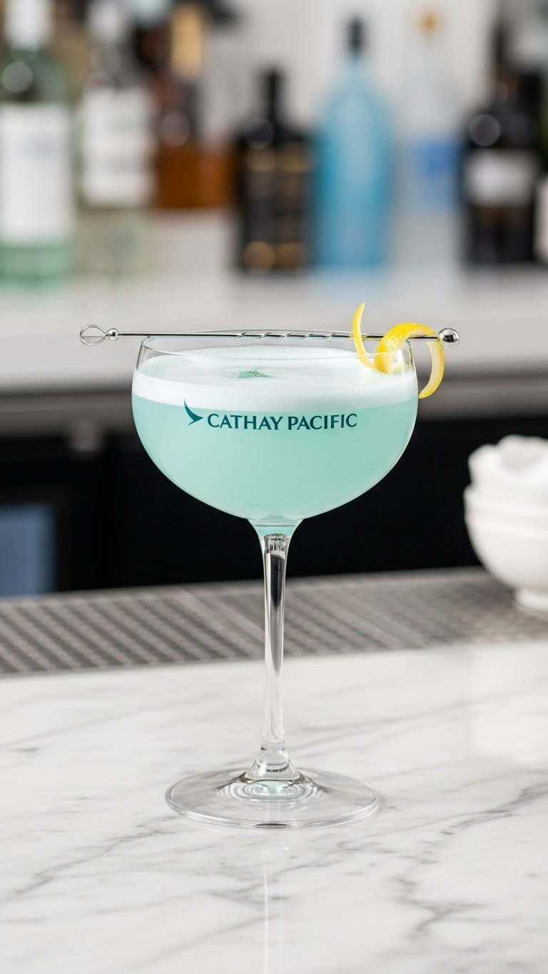 Cathay Pacific Cloud 9 Cocktail With Pale Blue Hue And Frothy Top In Elegant Glass On Marble Countertop With Soft Bokeh Background.