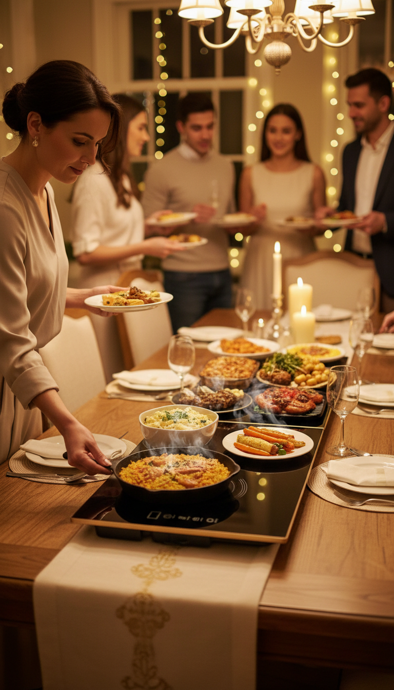 A Collage Showing The Cedarace Electric Warming Tray In Various Configurations At A Party, With Close-Ups On The Temperature Controls And Stacked Plates.