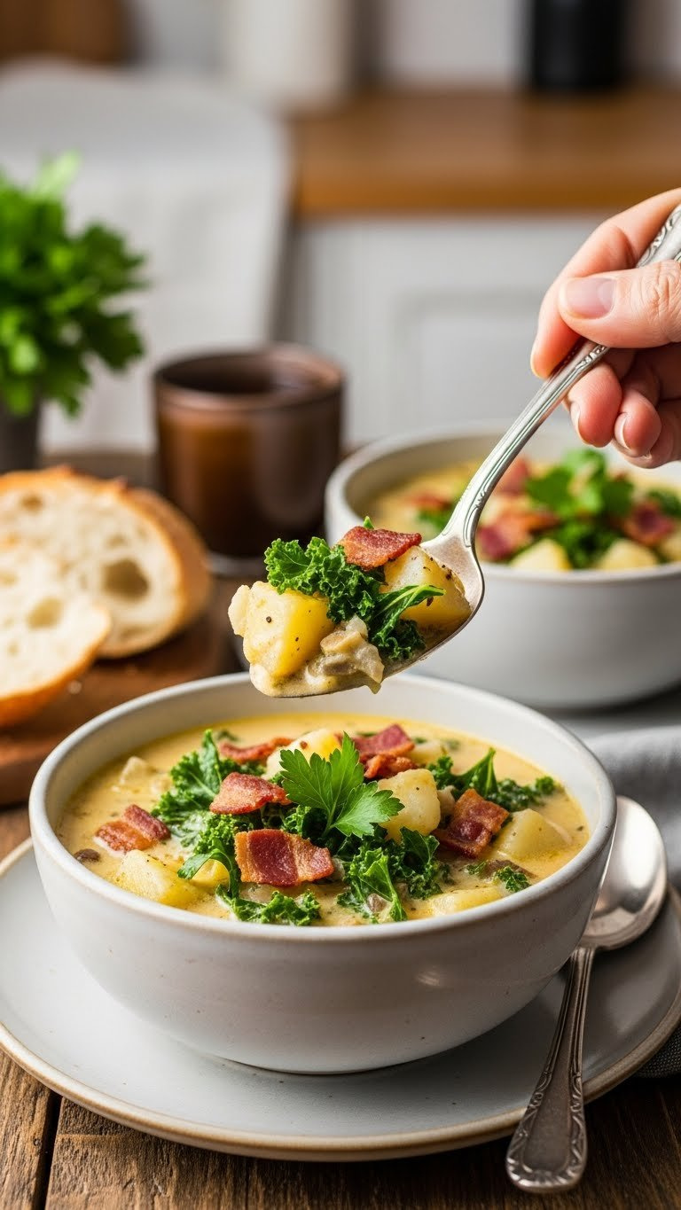 Ceramic Bowl Of Creamy Instant Pot Zuppa Toscana, Garnished With Parsley And Crispy Bacon, Beside Crusty Bread And A Spoon.