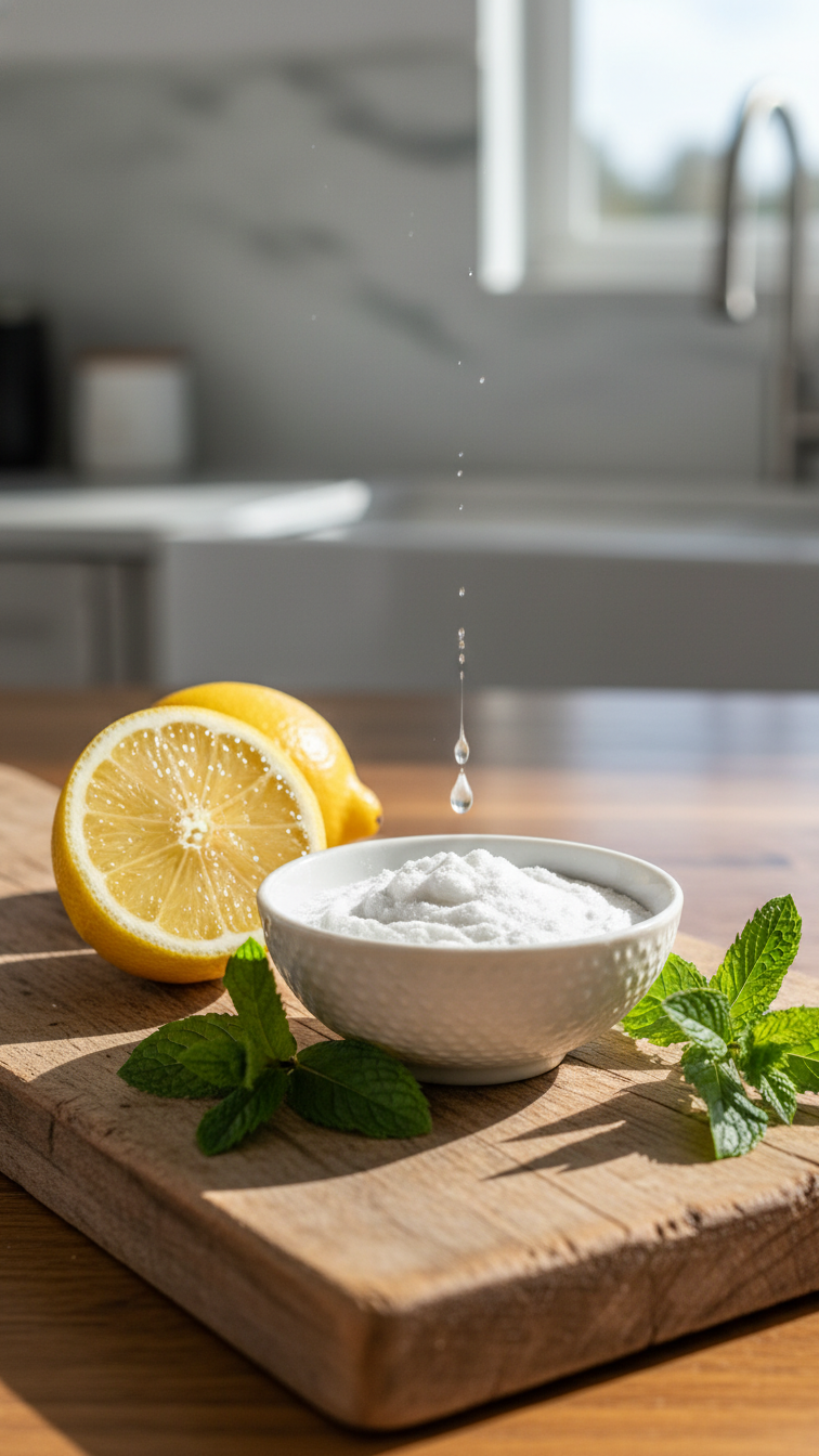 Ceramic Bowl With Baking Soda Paste And Halved Lemon On Rustic Wooden Kitchen Counter