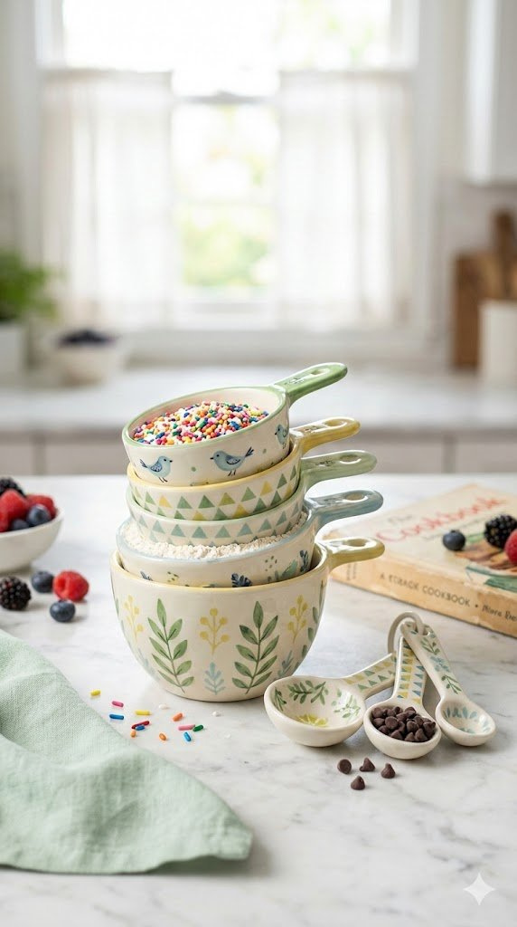 Ceramic Measuring Cups With Whimsical Patterns Stacked Alongside Matching Spoons Filled With Colorful Baking Ingredients On Marble Countertop.
