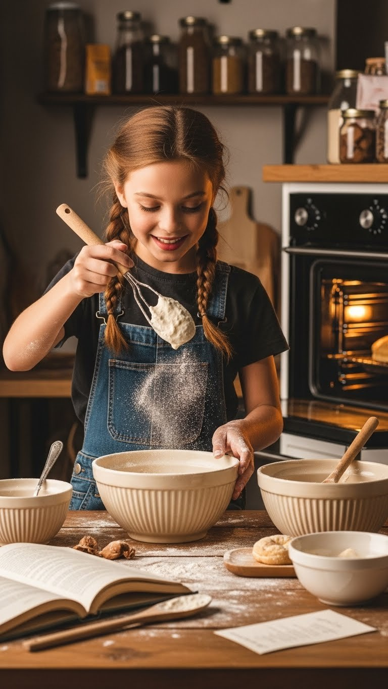 Chaotic Baking Scene With Flour-Dusted Counter, Mixing Bowls, And Oven Door Ajar Revealing Baked Goods During Busy Kitchen Session