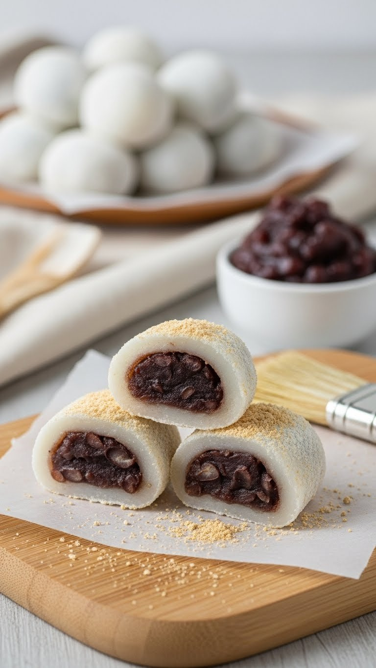 Chapssaltteok Korean Sweet Mochi, Showing Chewy Rice Cake And Red Bean Paste Filling, Dusted With Kinako Powder.