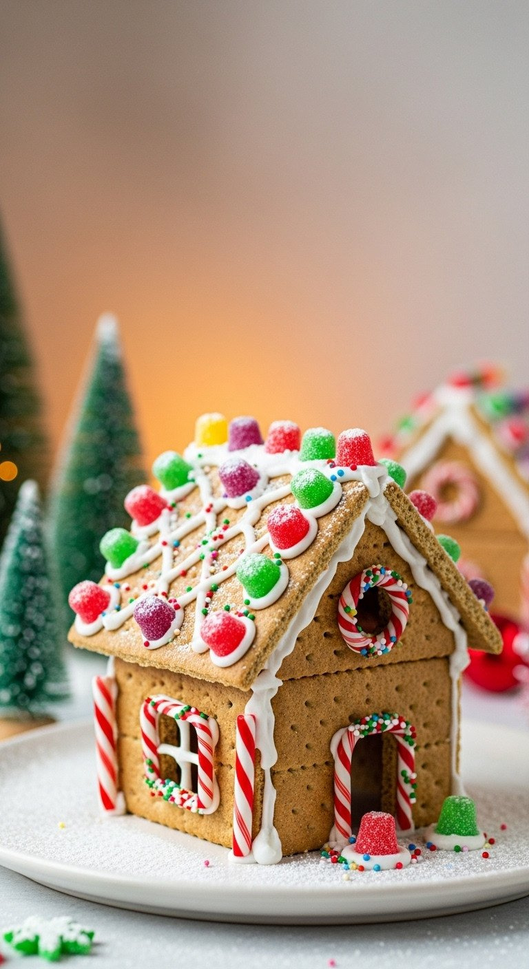 Charming Diy Graham Cracker Gingerbread House Decorated With White Icing Snow, Gumdrops, And Candy On A Festive Plate.
