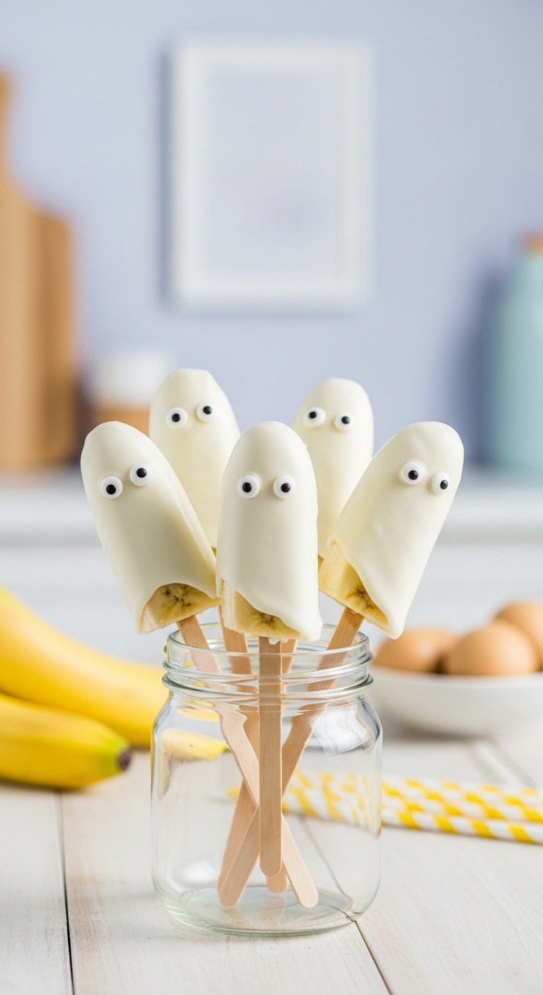 Charming Ghost Banana Pops: White Chocolate Bananas With Candy Eyeballs On Sticks, In Glass Jar. Light Wood. Easy Halloween Treat.