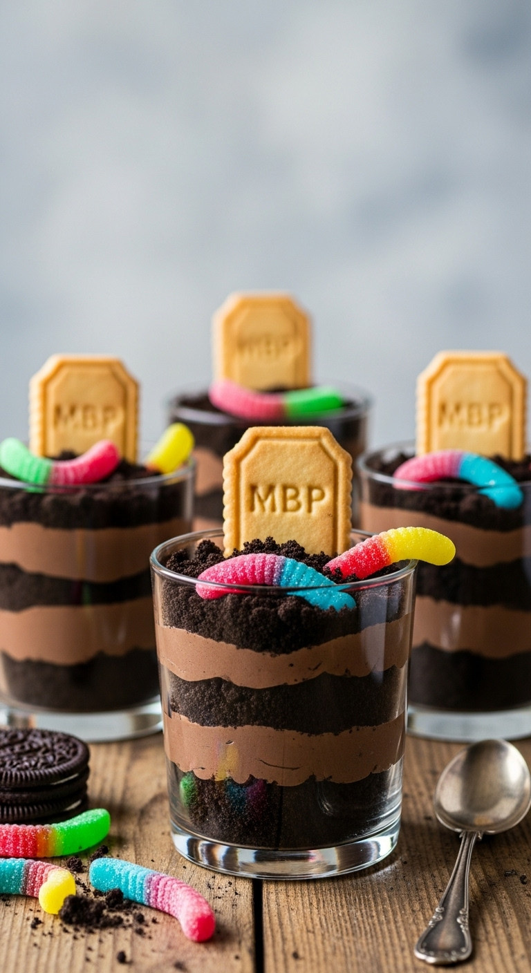 Charming Graveyard Dirt Cups With Chocolate Pudding, Crushed Cookies, Tombstones, And Gummy Worms. Festive Halloween Dessert Photography.