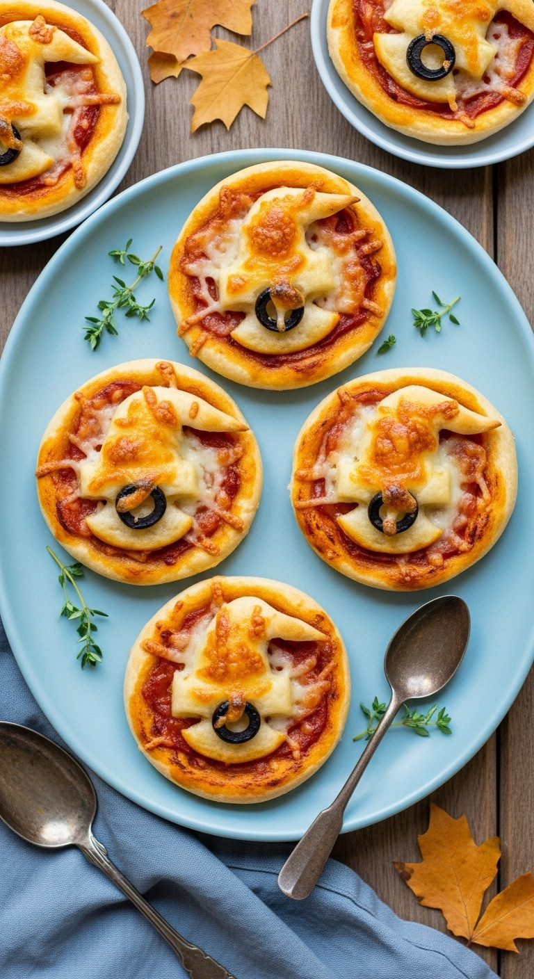 Charming Halloween Witch Hat Mini Pizzas With Golden Crust, Melted Cheese, Olive Buckle On Blue Platter, Autumn Leaves Background.