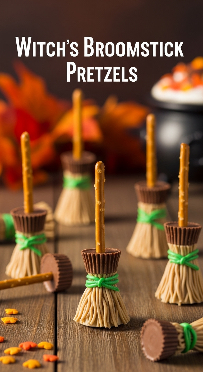 Charming Halloween Witch's Broomstick Pretzels: Pretzel Rods With Reese's Cups On A Rustic Table With Autumn Leaves.