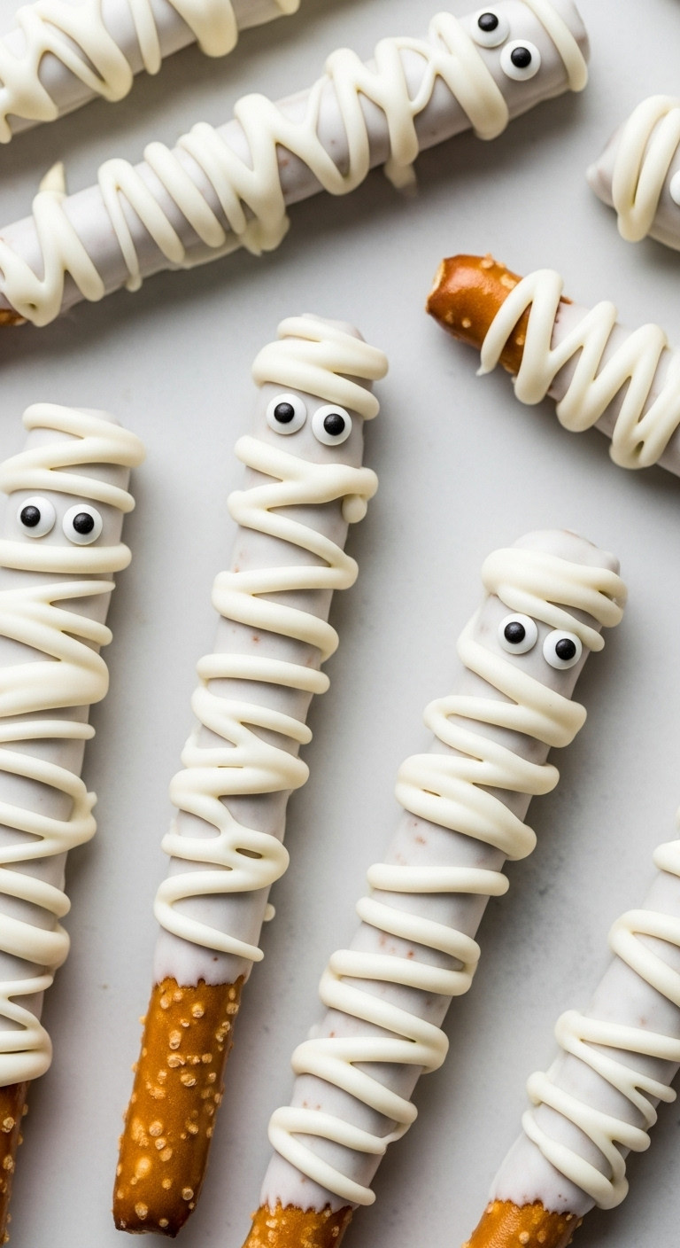 Charming Pretzel Rod Mummies: White Candy Melt-Coated Pretzel Rods, Mummy Bandages, Candy Eyeballs. Simple Halloween Treat.