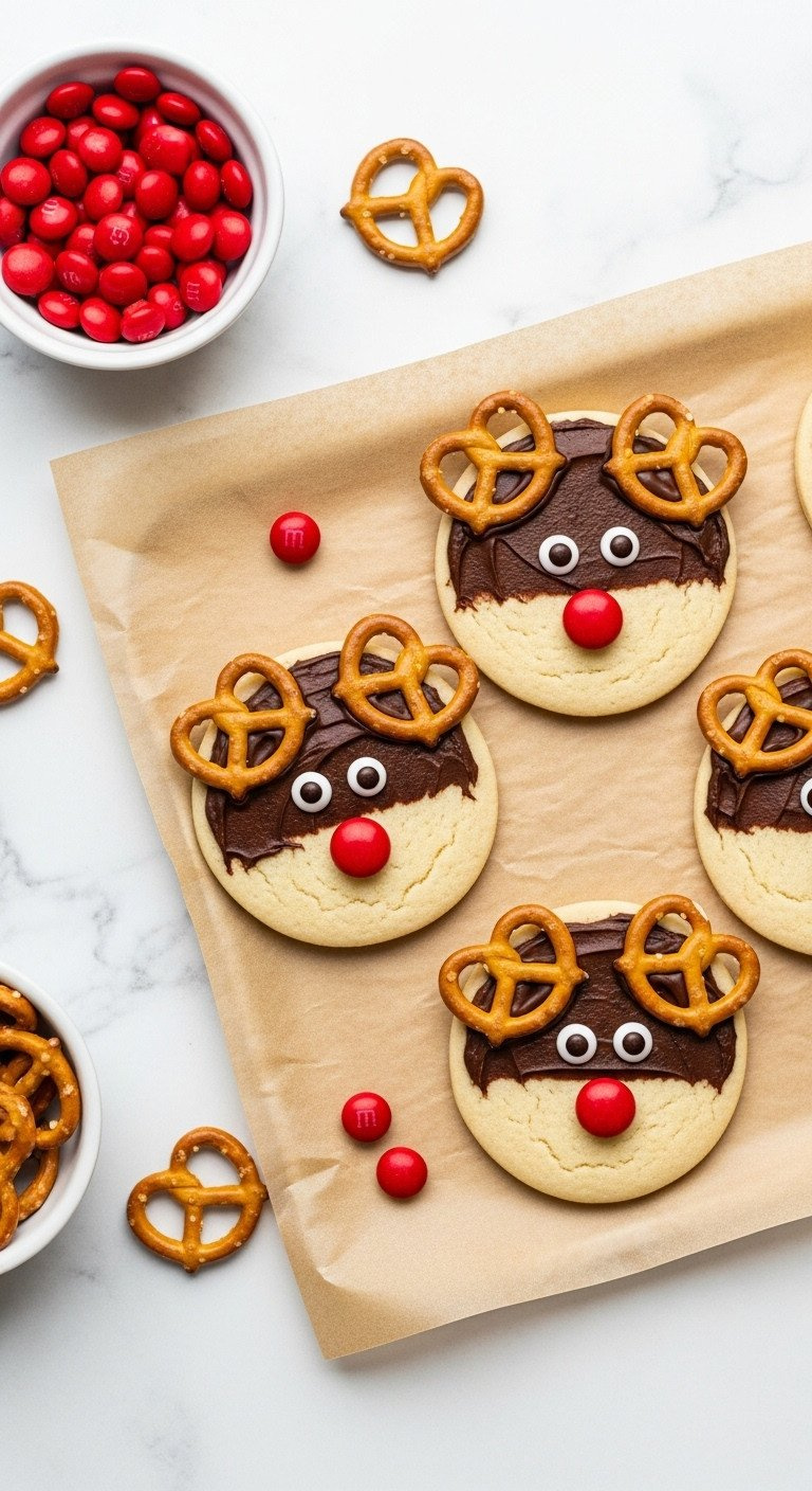 Charming Reindeer Sugar Cookies: Chocolate Frosting, Pretzel Antlers, Candy Faces On Parchment. White Marble Counter.