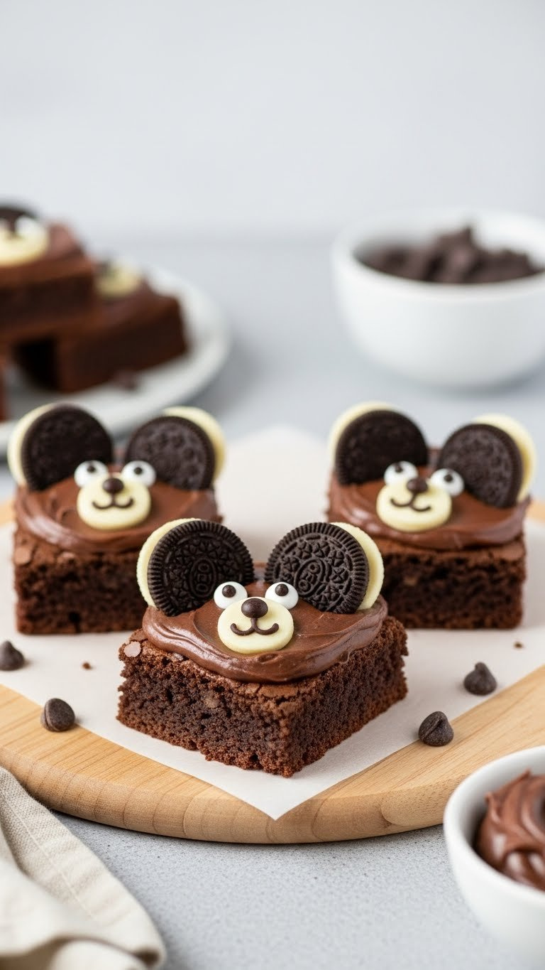 Charming Bear Brownies With Chocolate Frosting And Oreo Ears Arranged On Light Wooden Serving Platter