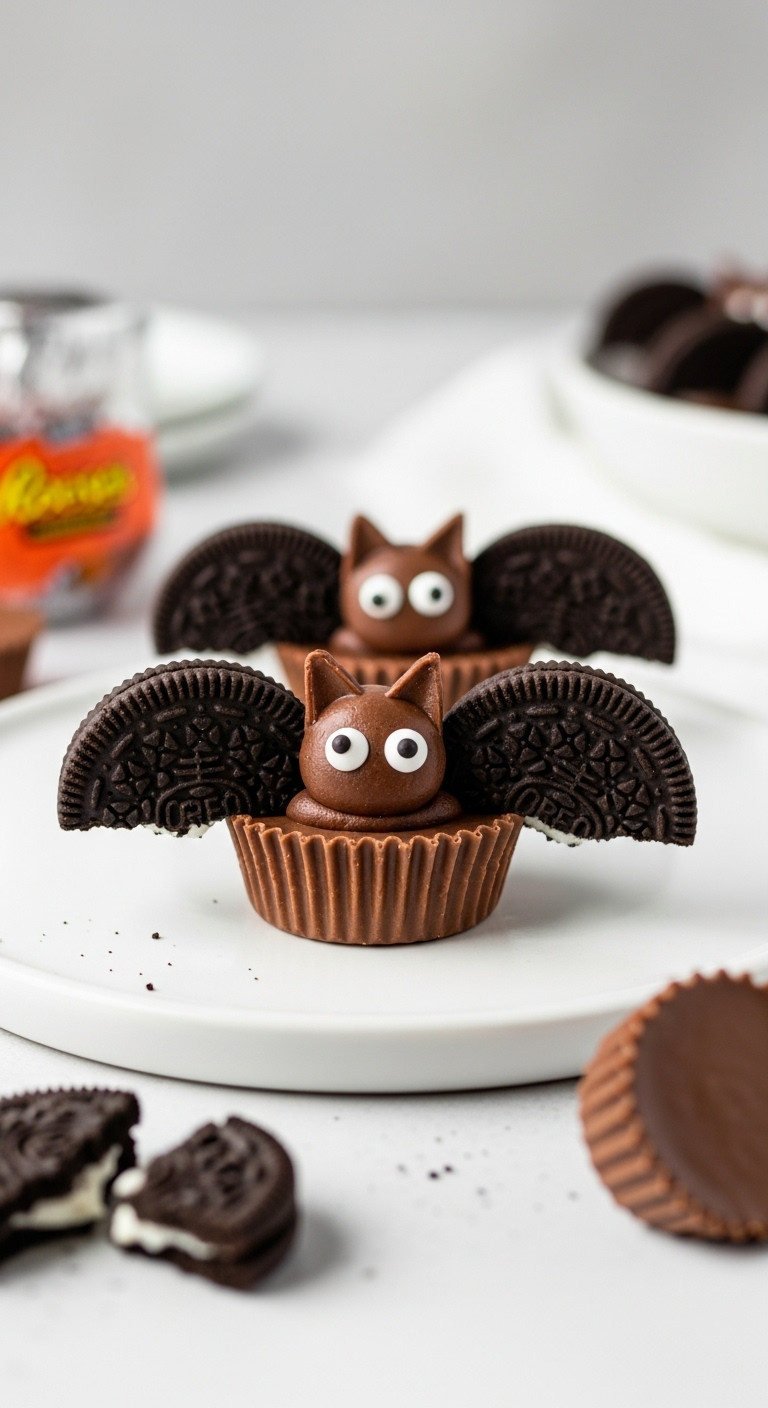 Charming Chocolate Bat Bites With Reese's Cups, Oreo Wings, And Candy Eyes On A White Surface, Ideal For Halloween Parties.