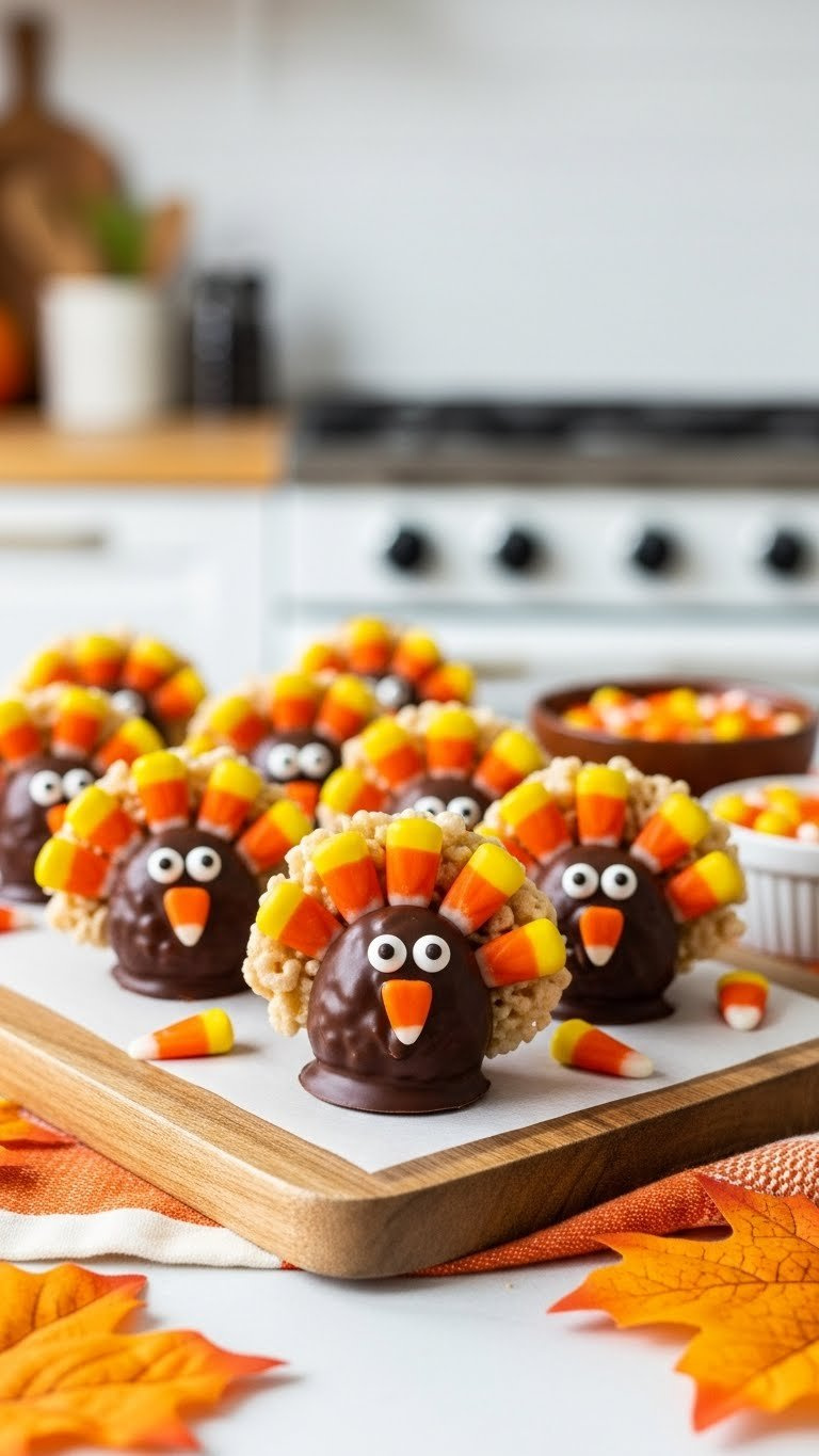 Charming Chocolate-Dipped Turkey Rice Krispie Treats With Candy Corn Feathers Displayed On Rustic Wooden Serving Board