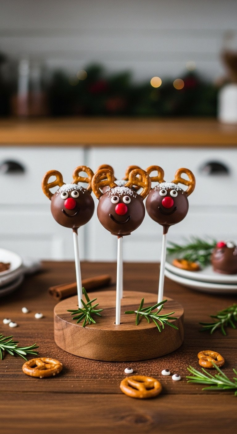 Charming Chocolate Reindeer Cake Pops With Pretzel Antlers, Red Noses In A Wooden Stand On A Rustic Table.