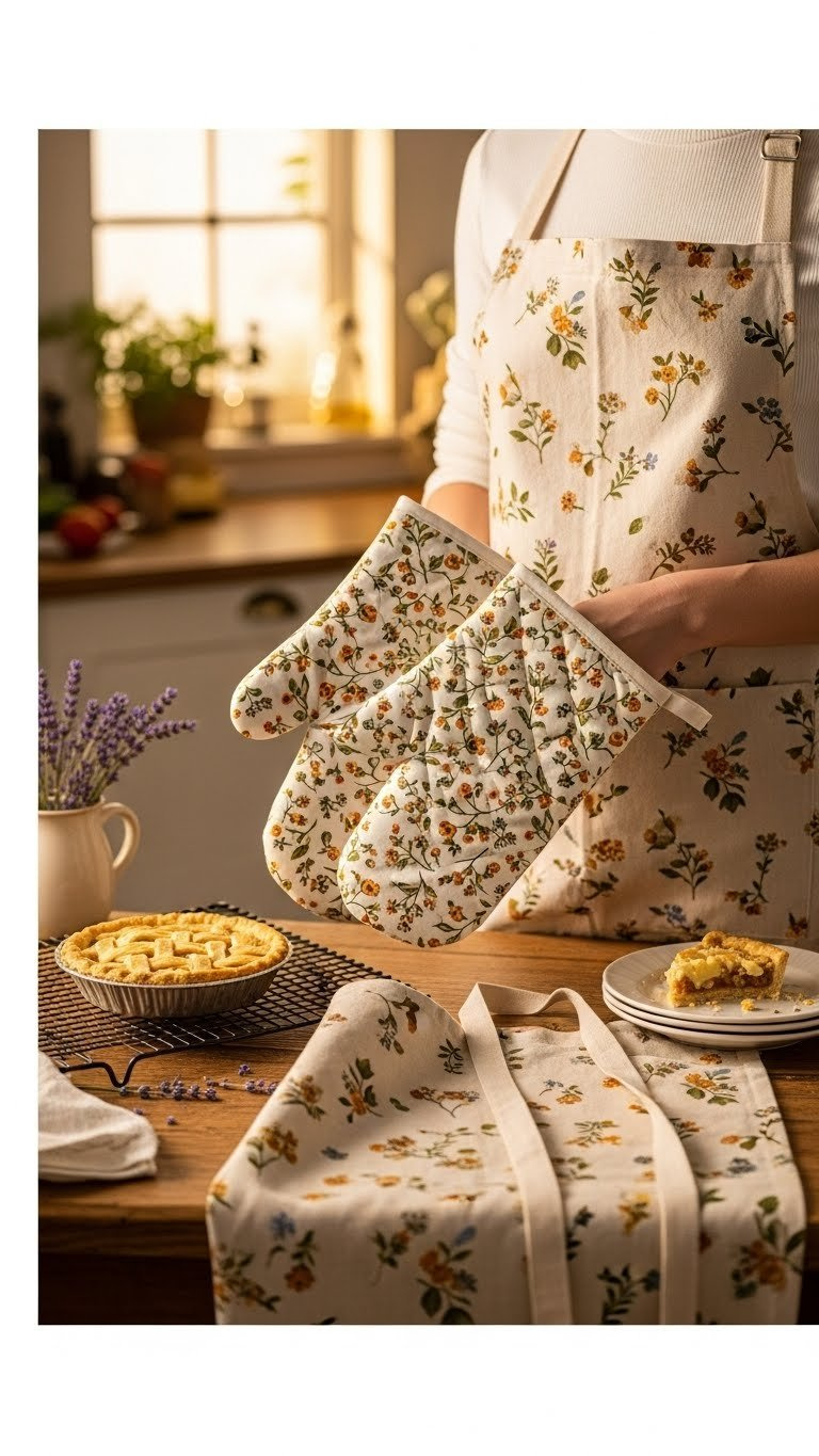 Charming Floral Oven Mitts And Matching Apron Draped Casually On Rustic Table With Baked Goods