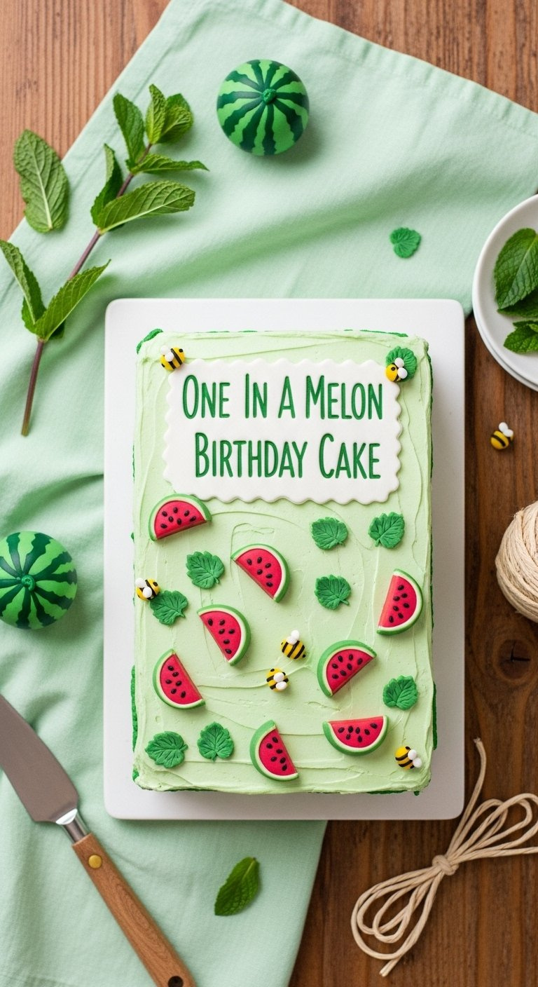 Charming Fondant Accented Melon Patch Sheet Cake With Tiny Watermelons And Ladybugs On Wood.