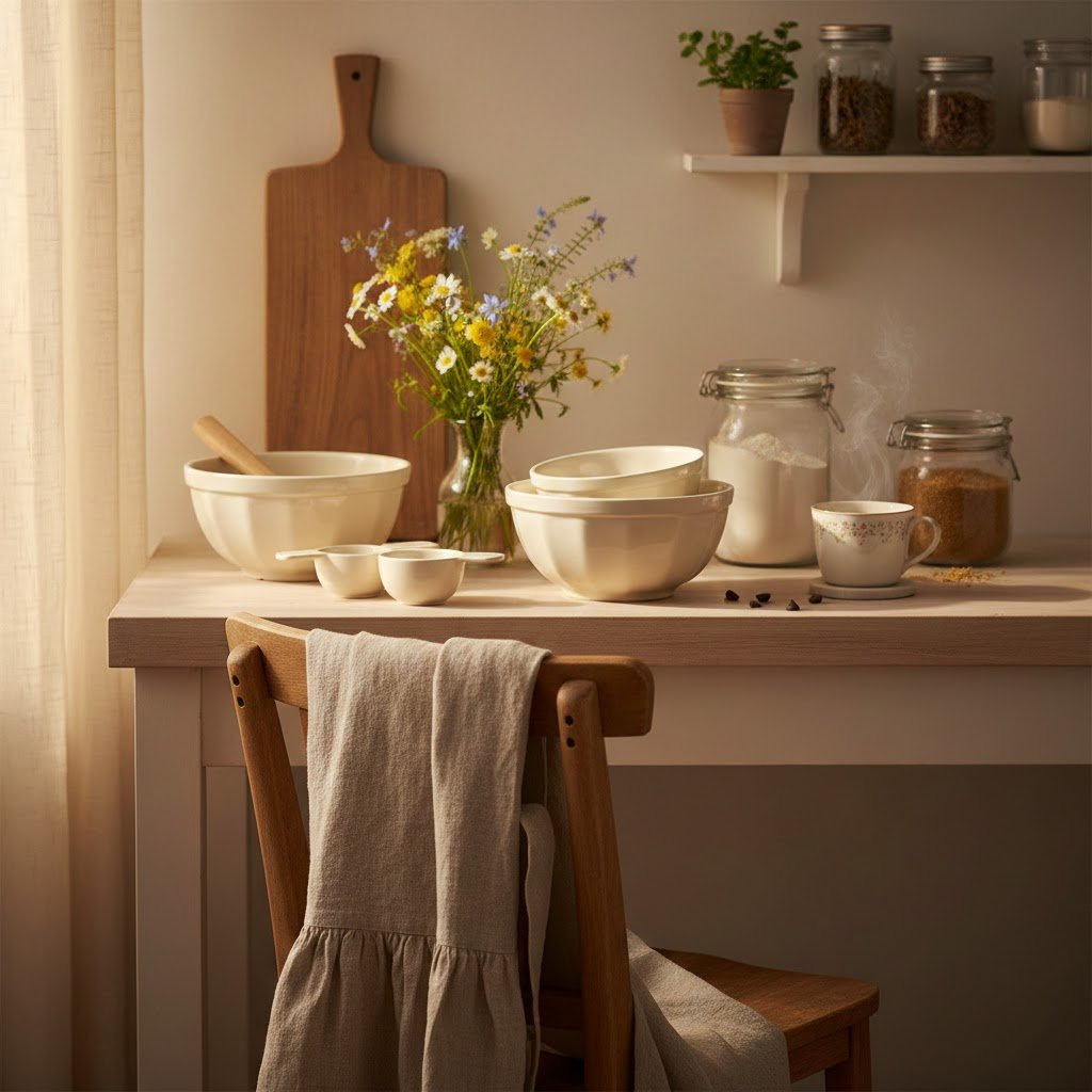 Charming Kitchen Corner With Vintage Ceramic Bakeware, Linen Apron, And Wildflowers On Wooden Countertop