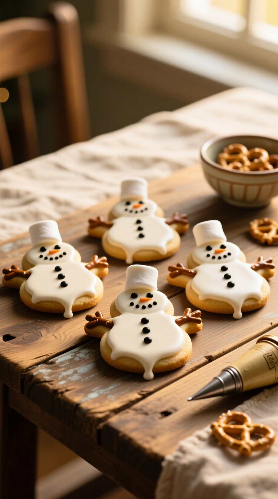 Charming Melted Snowman Sugar Cookies With White Icing, Marshmallow Heads, And Pretzel Arms On A Cozy Rustic Wooden Table.