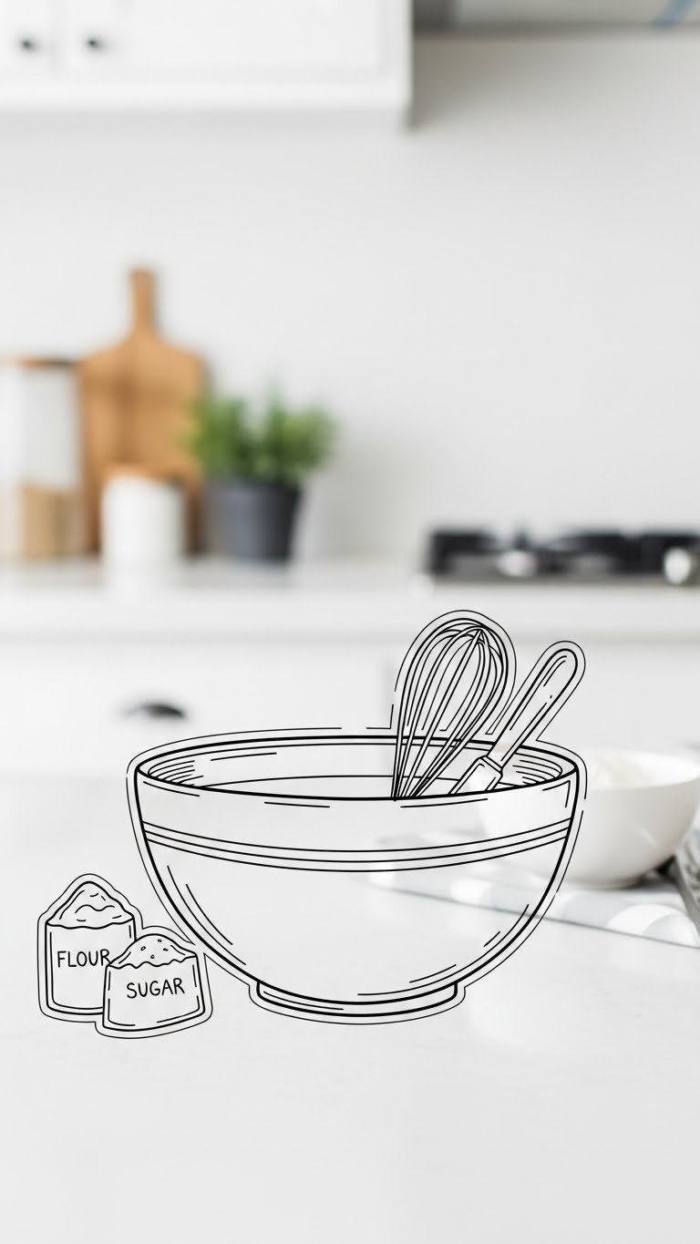 Charming Mixing Bowl Doodle Outline On Crisp White Background With Flour And Sugar Doodles Nearby