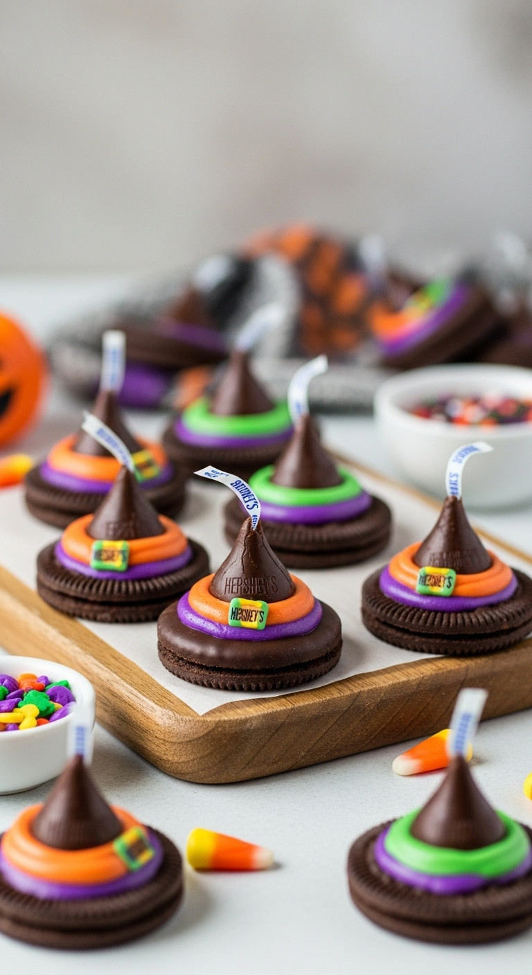 Charming No-Bake Witch Hat Cookies With Chocolate And Vibrant Frosting On A Rustic Board, Halloween Treats.